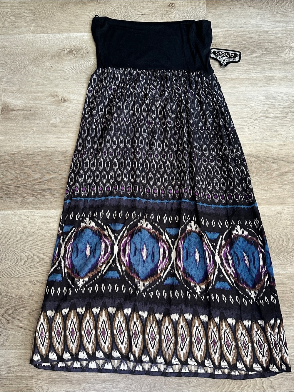 Angie Strapless Ikat Border Print Maxi Skirt / Tube Dress Black Purple Size M